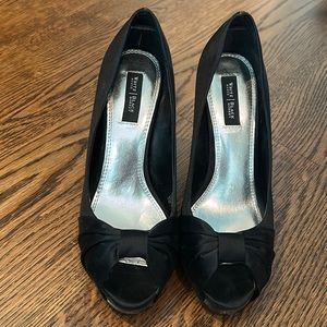 Black satin peep toe heels